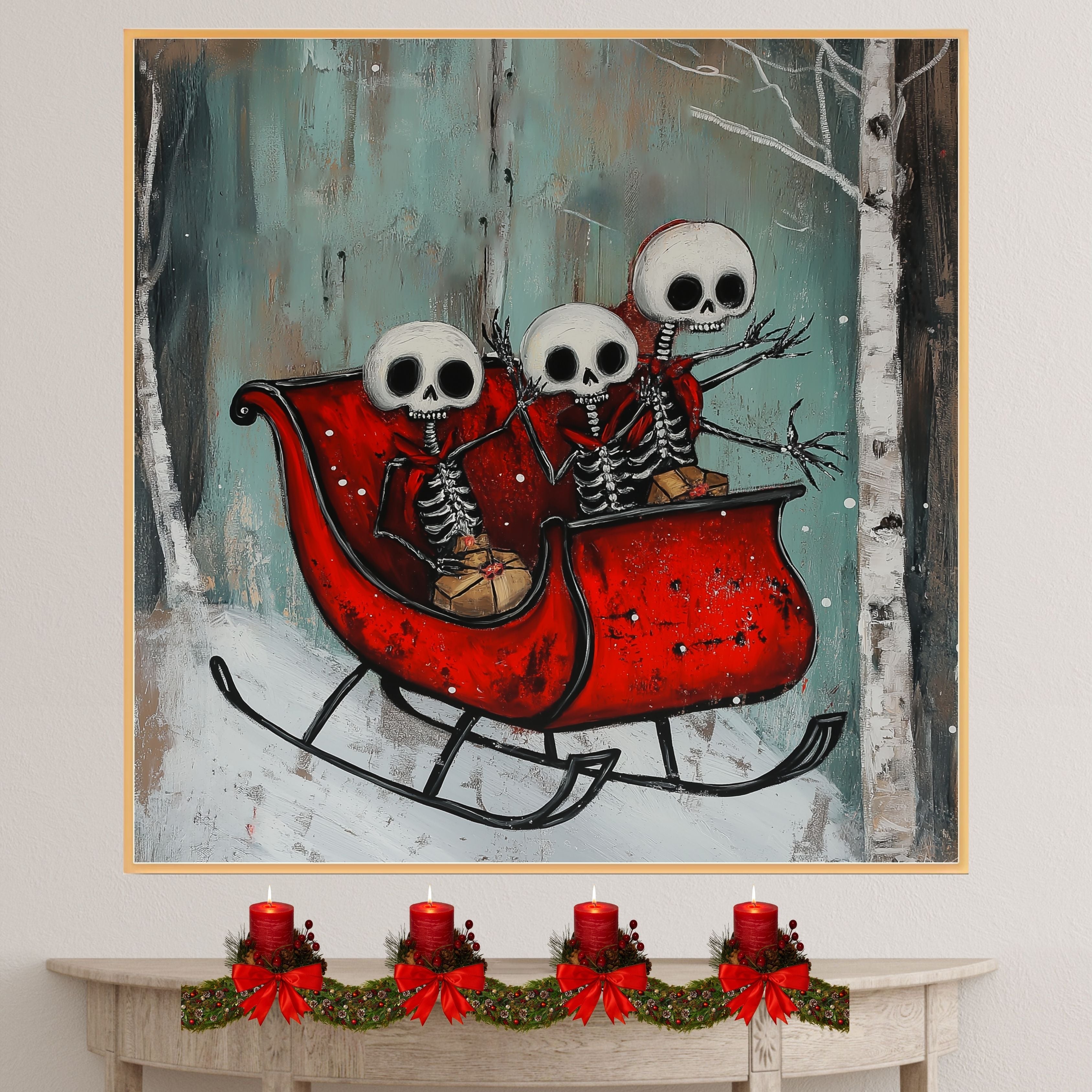 Whimsical Skeleton Sleigh Ride Christmas Print – Gothic Holiday Wall Art with Skeleton Friends in Red Sleigh, Spooky Winter Decor, Quirky Festive Illustration on Ready to Hang 1.5" Thick Canvas Wrap, Floating Framed Canvas, Flat Rolled Canvas