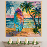 Watercolor Painting of Multicolored Surfboard at Tropical Beach Sunset with Palm Trees on Ready to Hang 1.5" Thick Canvas Wrap, Floating Framed Canvas, Flat Rolled Canvas
