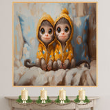 Delightful Painting of Two Monkeys in Yellow Hooded Jackets Sitting Side by Side with Big Eyes and Happy Expressions on a Soft Bed with Blue Pillows on Ready to Hang 1.5" Thick Canvas Wrap, Floating Framed Canvas, Flat Rolled Canvas