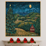 Christmas Eve with Glowing Lights Across Rolling Hills, Cozy Cabins, and a Majestic Tree Under a Starry Moonlit Sky on Ready to Hang 1.5" Thick Canvas Wrap, Floating Framed Canvas, Flat Rolled Canvas