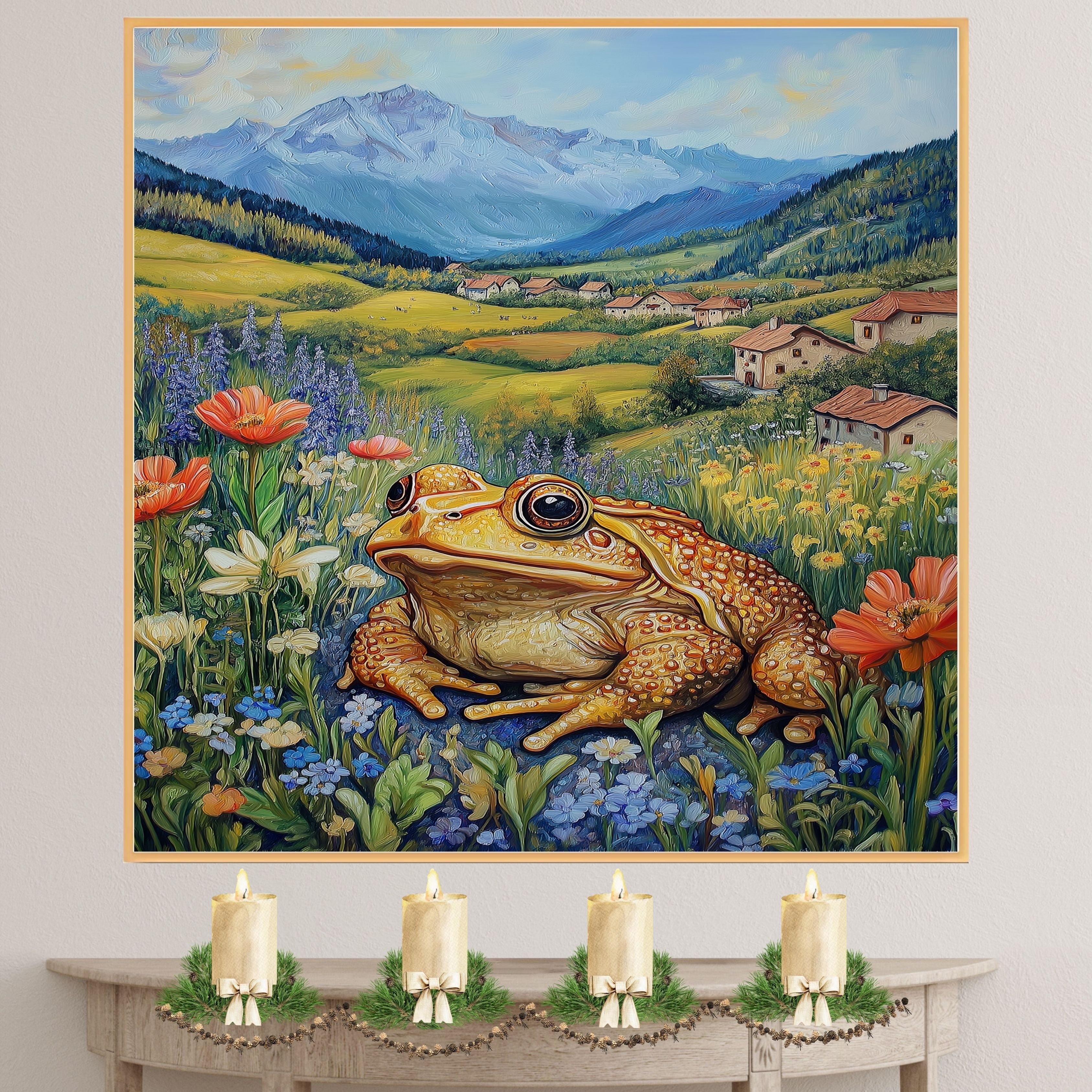 Cheerful Toad in Wildflower Meadow Bright Hand Painted Art Vibrant Countryside Scene Perfect for Home Wall Decor Living Room Bedroom Office or Nature Lovers on Ready to Hang 1.5" Thick Canvas Wrap, Floating Framed Canvas, Flat Rolled Canvas