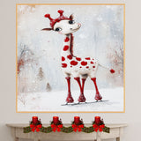 Whimsical Christmas Giraffe Ice Skating with Red Polka Dots and Snowy Antler Hat – Playful Holiday Animal Illustration Perfect for Seasonal Decor or Gifts on Ready to Hang 1.5" Thick Canvas Wrap, Floating Framed Canvas, Flat Rolled Canvas