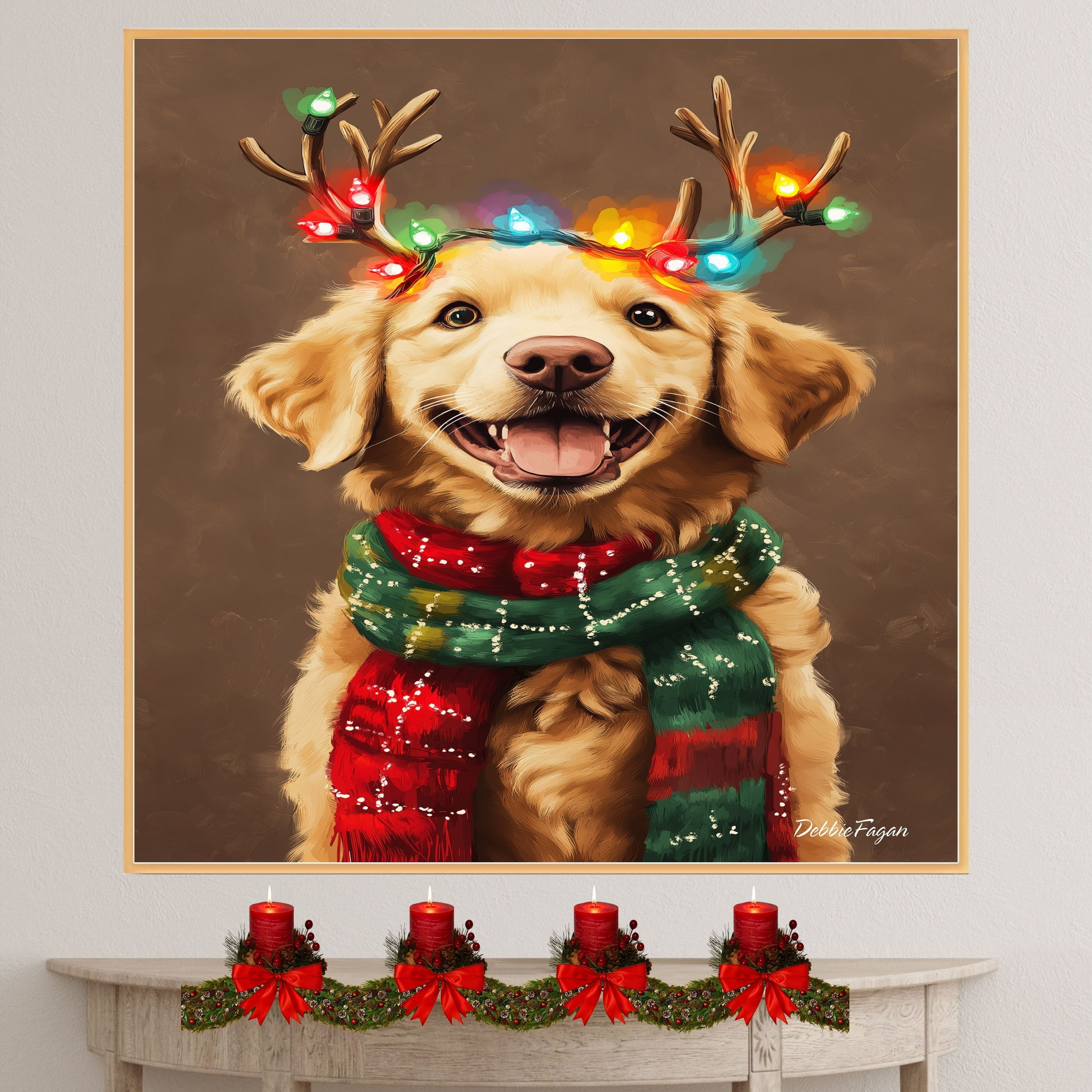 Bernedoodle Holiday Cheer - 'Rustic Antlers' - Bernedoodle Dog with Christmas Lights & Festive Scarf on Rustic Canvas, Ready to Hang 1.5" Thick Canvas Wrap, Floating Framed Canvas, Flat Rolled Canvas