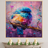 Vivid Blue Pink and Yellow Bird Painting Sitting on Branch in Expressive Color Brushstrokes for Bright Whimsical Spaces and Nature Inspired Art Lovers on Ready to Hang 1.5" Thick Canvas Wrap, Floating Framed Canvas, Flat Rolled Canvas