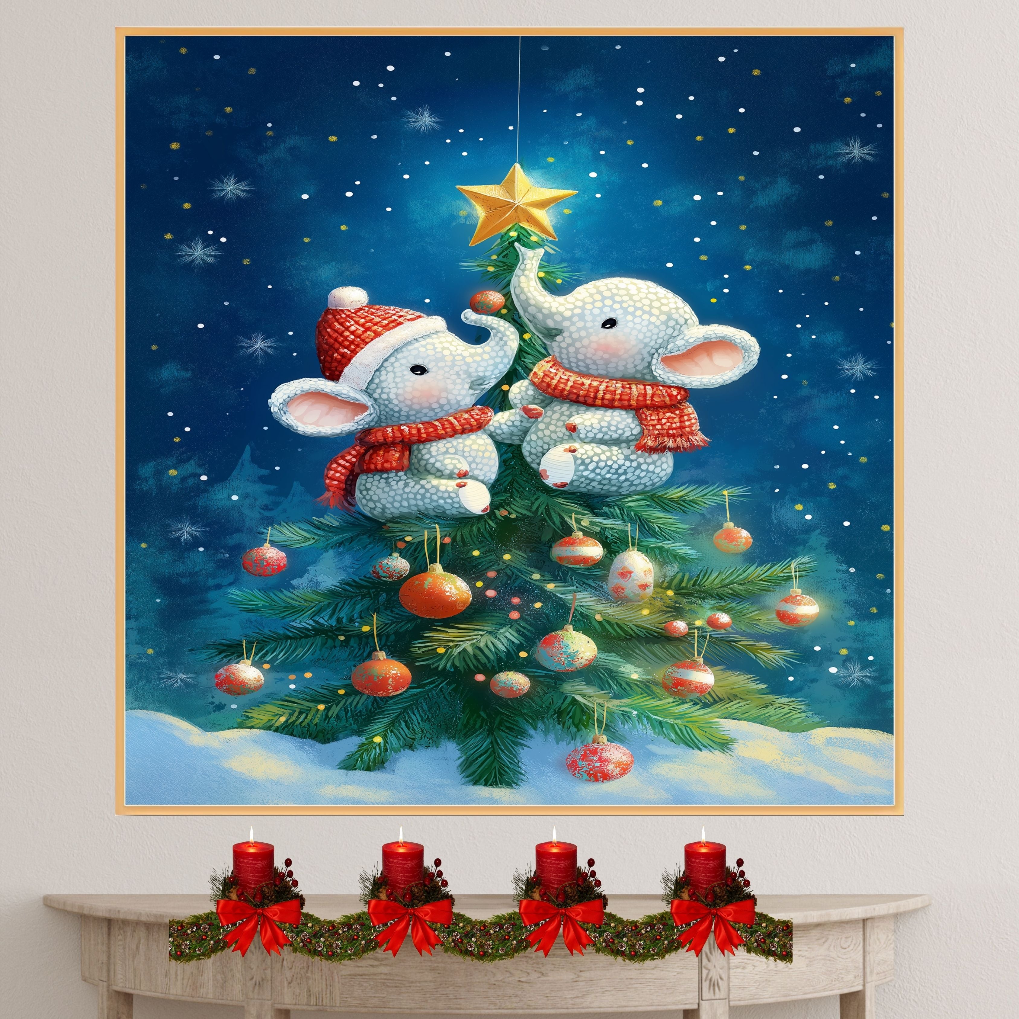 Baby Elephants Decorating Christmas Tree with Star and Ornaments in Winter Wonderland Scene Holiday Art Print for Nursery or Festive Seasonal Decor on Ready to Hang 1.5" Thick Canvas Wrap, Floating Framed Canvas, Flat Rolled Canvas