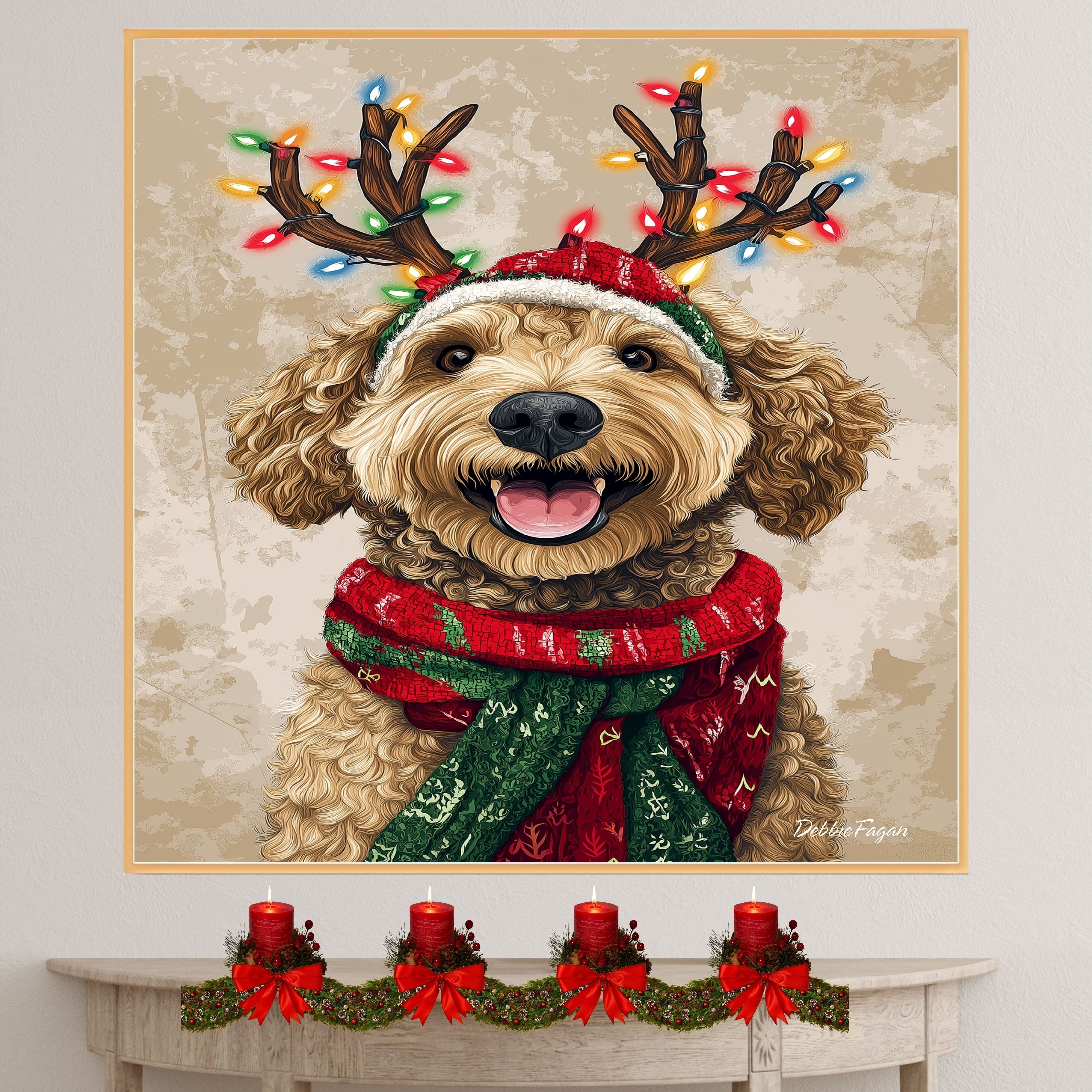 'Rustic Glow' - Bernedoodle Dog with Twinkling Antlers & Holiday Scarf on Rustic Background, Ready to Hang 1.5" Thick Canvas Wrap, Floating Framed Canvas, Flat Rolled Canvas