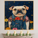 Adorable Bulldog Wall Art Dog in Floral Shirt and Overalls Farmhouse Nursery Decor Whimsical Dog Lover Gift Cottagecore Bedroom Accent Country Wall Art on Ready to Hang 1.5" Thick Canvas Wrap, Floating Framed Canvas, Flat Rolled Canvas