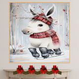 Whimsical Christmas Donkey Ice Skating in Red Plaid Scarf and Antler Hat Canvas or Wall Art Print on Ready to Hang 1.5" Thick Canvas Wrap, Floating Framed Canvas, Flat Rolled Canvas