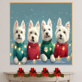 Dog Christmas Canvas  - "Westie Wonderland" - West Highland Terriers in Festive Sweaters Wrapped in Christmas Lights on Ready to Hang 1.5" Thick Canvas Wrap, Floating Framed Canvas, Flat Rolled Canvas