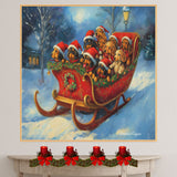 Doxie Christmas Canvas  - "Dashing Through the Snow" - Dachshund Puppies in Santa Hats Sleighing Adventure on Ready to Hang 1.5" Thick Canvas Wrap, Floating Framed Canvas, Flat Rolled Canvas