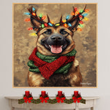 Rustic Cheer' - Belgian Malinois Dog with Christmas Lights & Cozy Scarf on Rustic Background, Ready to Hang 1.5" Thick Canvas Wrap, Floating Framed Canvas, Flat Rolled Canvas