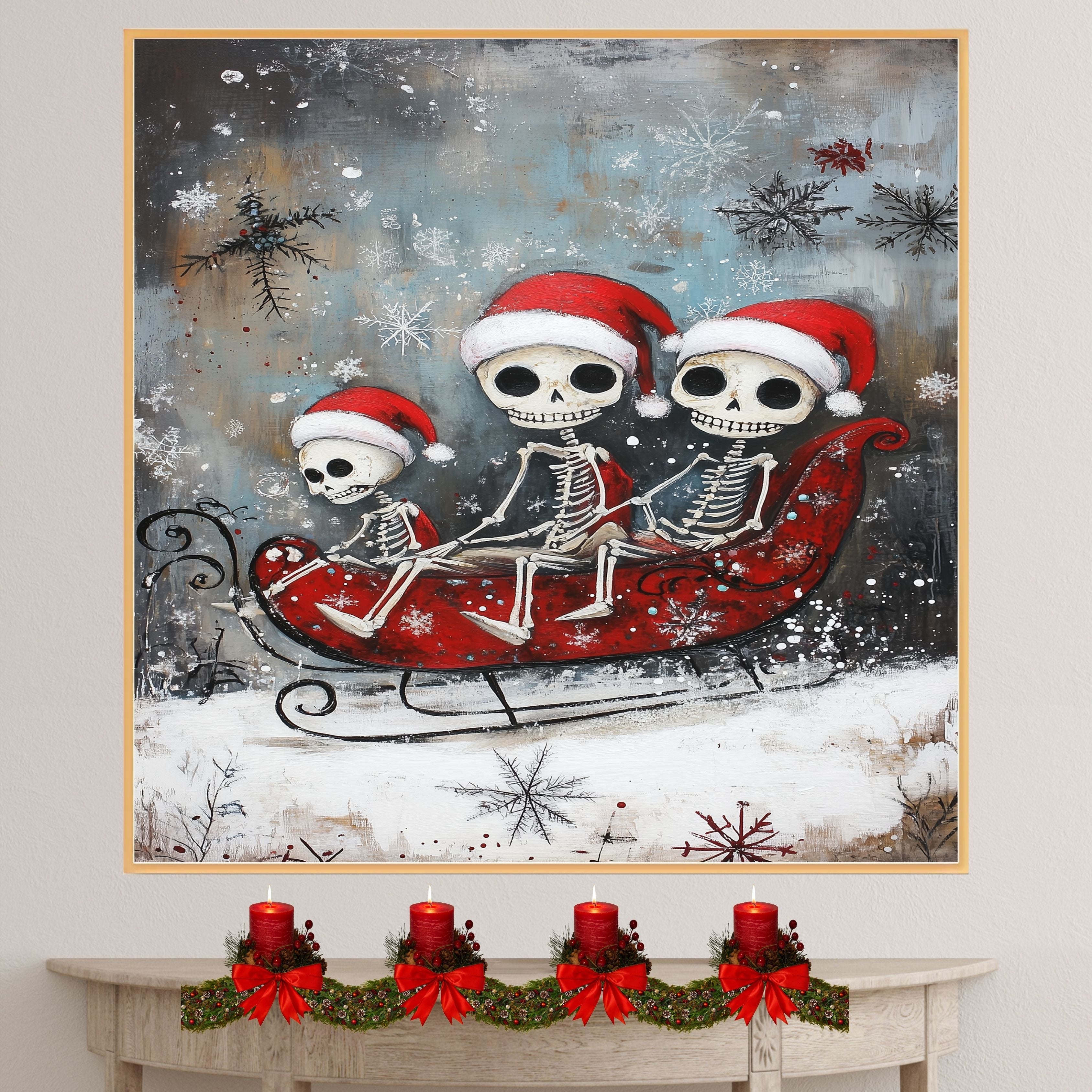 Whimsical Skeleton Family Sleigh Ride Christmas Print – Spooky Cute Holiday Decor with Santa Hats, Red Sleigh & Snowflakes, Gothic Winter Wall Art on Ready to Hang 1.5" Thick Canvas Wrap, Floating Framed Canvas, Flat Rolled Canvas
