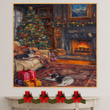 Vintage Christmas Living Room with Tree, Fireplace, and Sleeping Puppies, Cozy Holiday Scene with Warm Lights, Gifts, and Festive Garland on Ready to Hang 1.5" Thick Canvas Wrap, Floating Framed Canvas, Flat Rolled Canvas