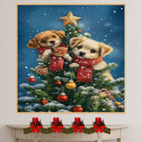 Two Baby Puppies in Red Scarves Sharing Cocoa on Christmas Tree Surrounded by Ornaments and Snowflakes Holiday Art Print for Nursery or Winter Decor on Ready to Hang 1.5" Thick Canvas Wrap, Floating Framed Canvas, Flat Rolled Canvas