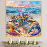 Watercolor Painting of a Vibrant Lobster on the Shore with Ocean Reflections and Colorful Sunset Sky in Coastal Marine Style on Ready to Hang 1.5" Thick Canvas Wrap, Floating Framed Canvas, Flat Rolled Canvas