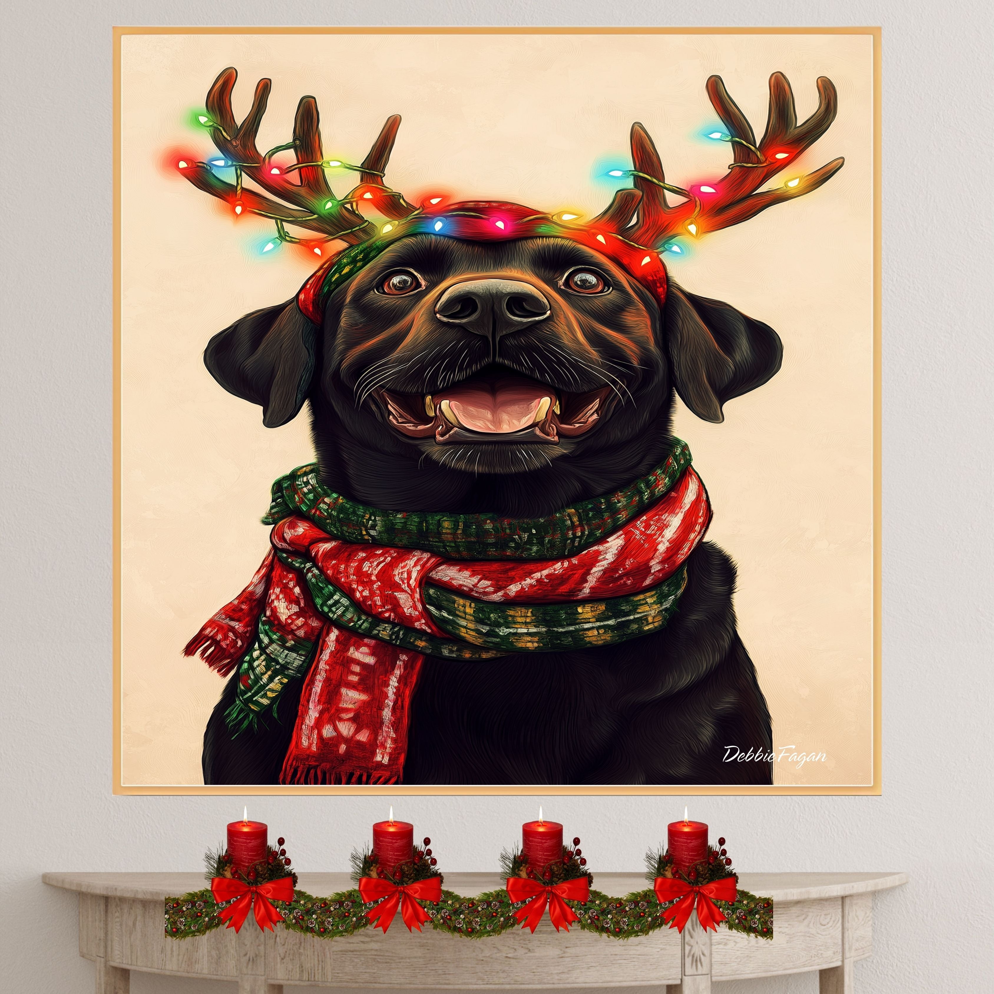 "Classic Cheer" - Black Labrador Dog with Lighted Antlers & Festive Scarf on Plain Beige Canvas, Ready to Hang 1.5" Thick Canvas Wrap, Floating Framed Canvas, Flat Rolled Canvas