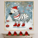 Whimsical Christmas Zebra Ice Skating Print – Festive Black and White Animal in Red Boots and Santa Hat, Cute Winter Holiday Wall Art or Nursery Decor on Ready to Hang 1.5" Thick Canvas Wrap, Floating Framed Canvas, Flat Rolled Canvas