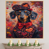 Endearing Love: Dachshund in a Red Heart-Adorned Top and Hat Charming Romantic Painting on Ready to Hang 1.5" Thick Canvas Wrap, Floating Framed Canvas, Flat Rolled Canvas