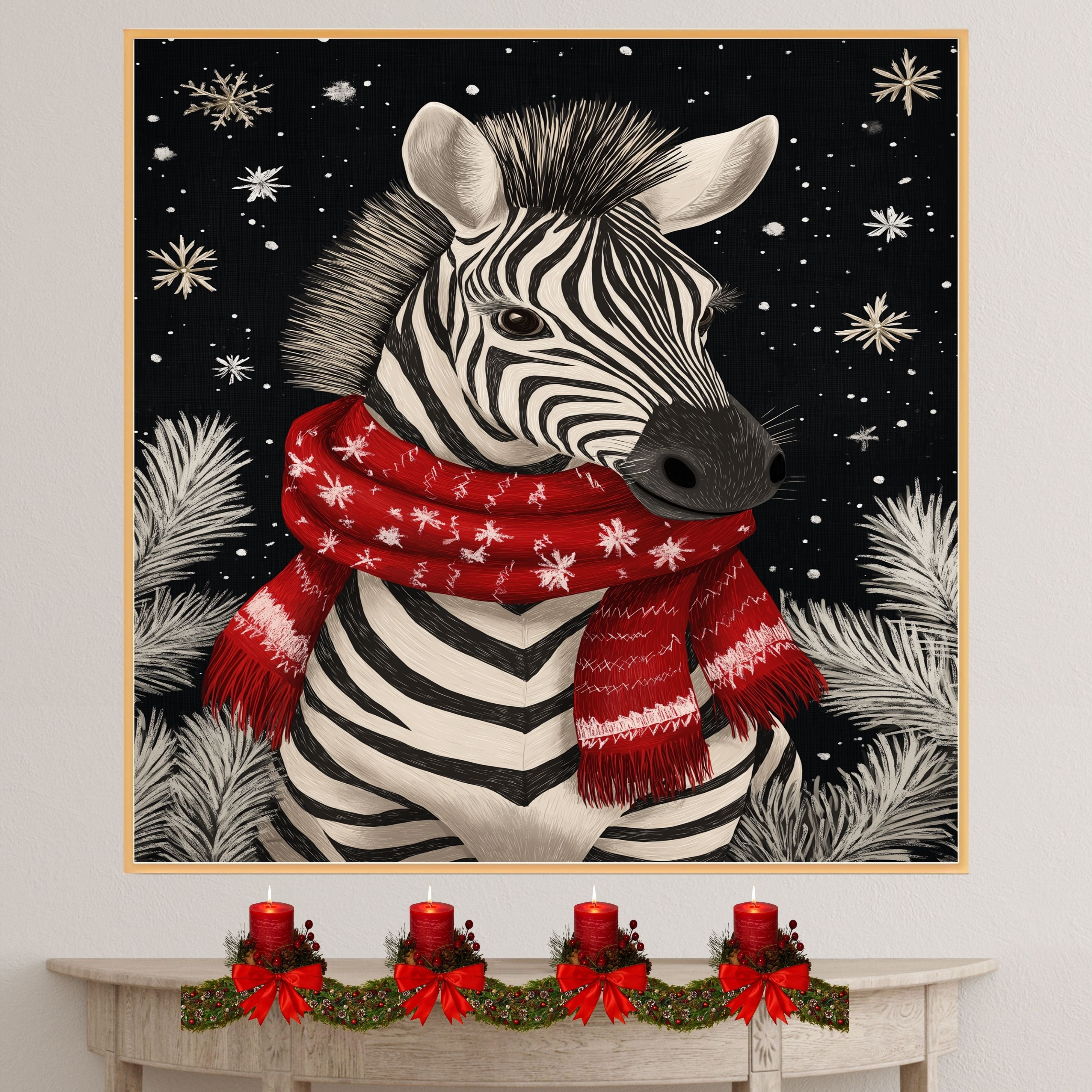 "Snowy Stripes Zebra" - Zebra in Red Scarf Standing in Winter Snow on Ready to Hang 1.5" Thick Canvas Wrap, Floating Framed Canvas, Flat Rolled Canvas