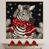 "Snowy Stripes Zebra" - Zebra in Red Scarf Standing in Winter Snow on Ready to Hang 1.5" Thick Canvas Wrap, Floating Framed Canvas, Flat Rolled Canvas