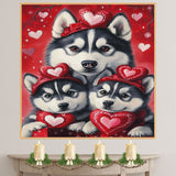 Valentine's Day Joy: A Siberian Husky Mom and Her Adorable Puppies Surrounded by Hearts and Blooms on Ready to Hang 1.5" Thick Canvas Wrap, Floating Framed Canvas, Flat Rolled Canvas