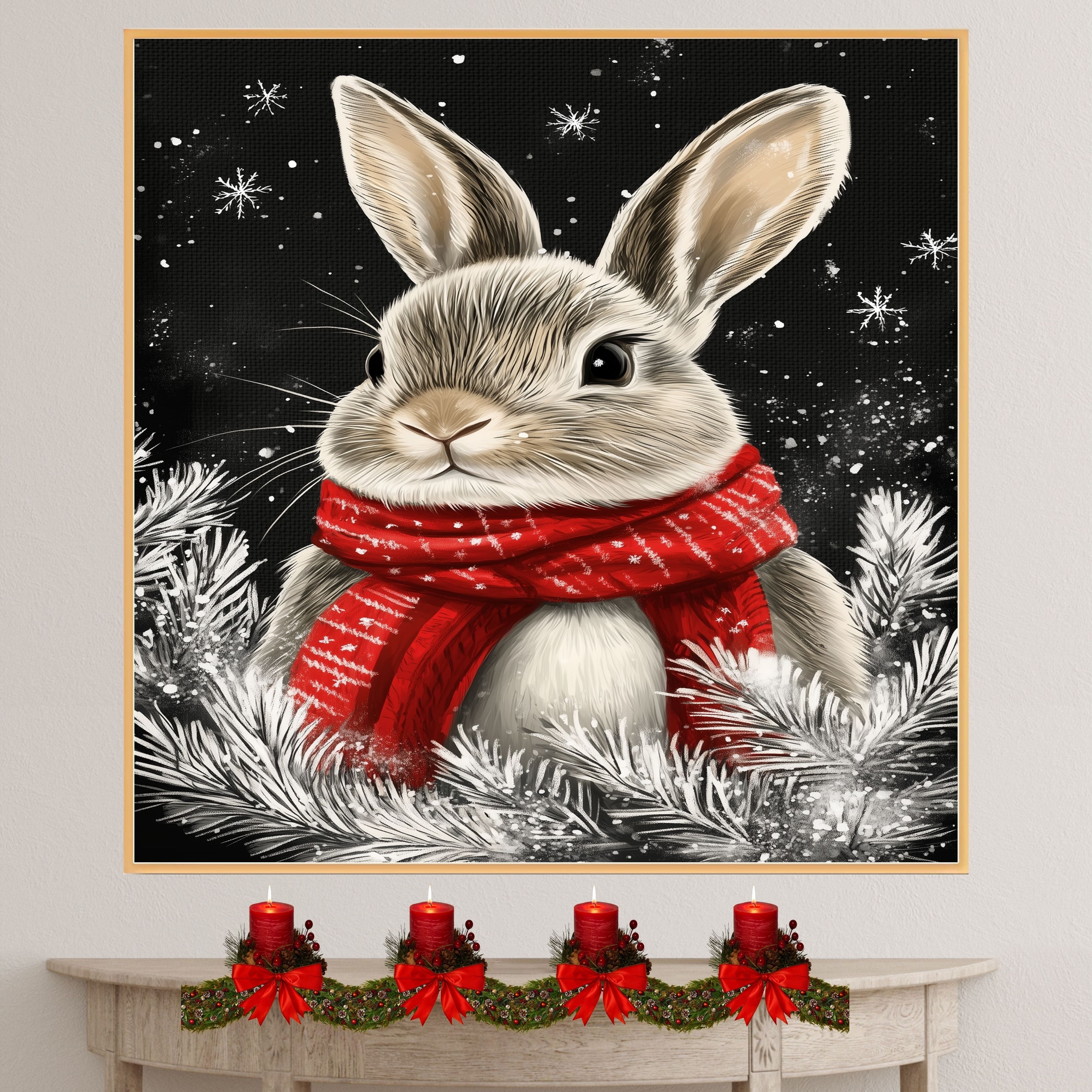 "Cozy Snow Bunny" - Bunny in Red Scarf Sitting in Winter Snow on Ready to Hang 1.5" Thick Canvas Wrap, Floating Framed Canvas, Flat Rolled Canvas