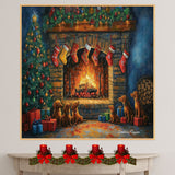 Dachshund Christmas Canvas - "Doxie Fireside Festivities" - Wiener by the Fireplace on Christmas Eve on Ready to Hang 1.5" Thick Canvas Wrap, Floating Framed Canvas, Flat Rolled Canvas