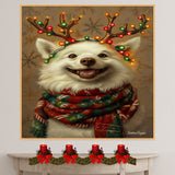 American Eskimo Winter Magic - 'Snowy Sparkle' - American Eskimo Dog with Festive Lighted Antlers & Holiday Scarf, Ready to Hang 1.5" Thick Canvas Wrap, Floating Framed Canvas, Flat Rolled Canvas