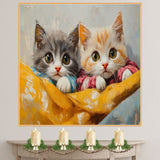 Painting of Two Cute Kittens Snuggled Together in Pajamas with Big Eyes and Soft Fur Resting on a Bright Yellow Blanket in a Cozy and Whimsical Setting on Ready to Hang 1.5" Thick Canvas Wrap, Floating Framed Canvas, Flat Rolled Canvas