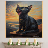 Screaming Black Cat on Rooftop Canvas Painting at Sunset – Dramatic Feline Art Reimagined on Ready to Hang 1.5" Thick Canvas Wrap, Floating Framed Canvas, Flat Rolled Canvas
