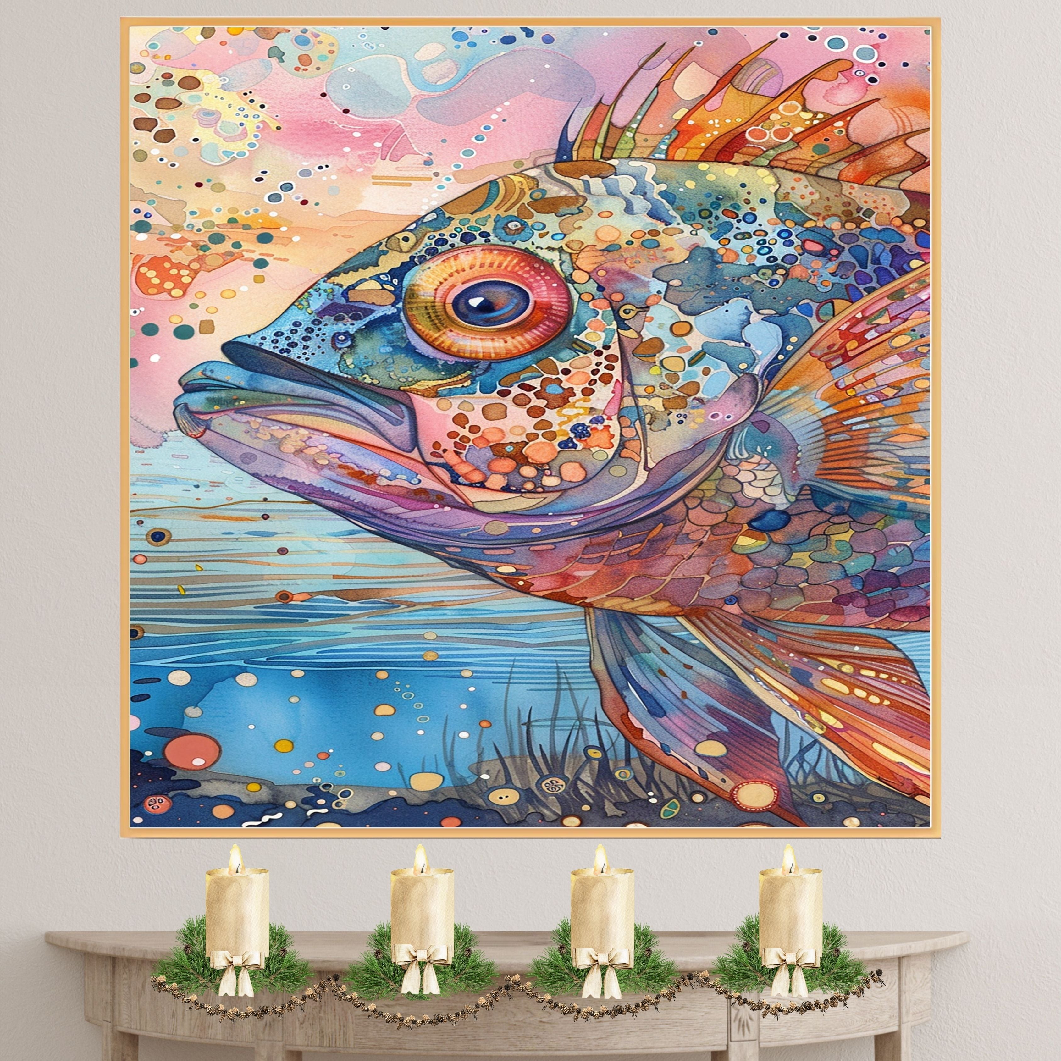 Abstract Watercolor Fish Close-Up in Multicolor Pattern with Ocean Background for Aquatic Wall Art Lovers on Ready to Hang 1.5" Thick Canvas Wrap, Floating Framed Canvas, Flat Rolled Canvas