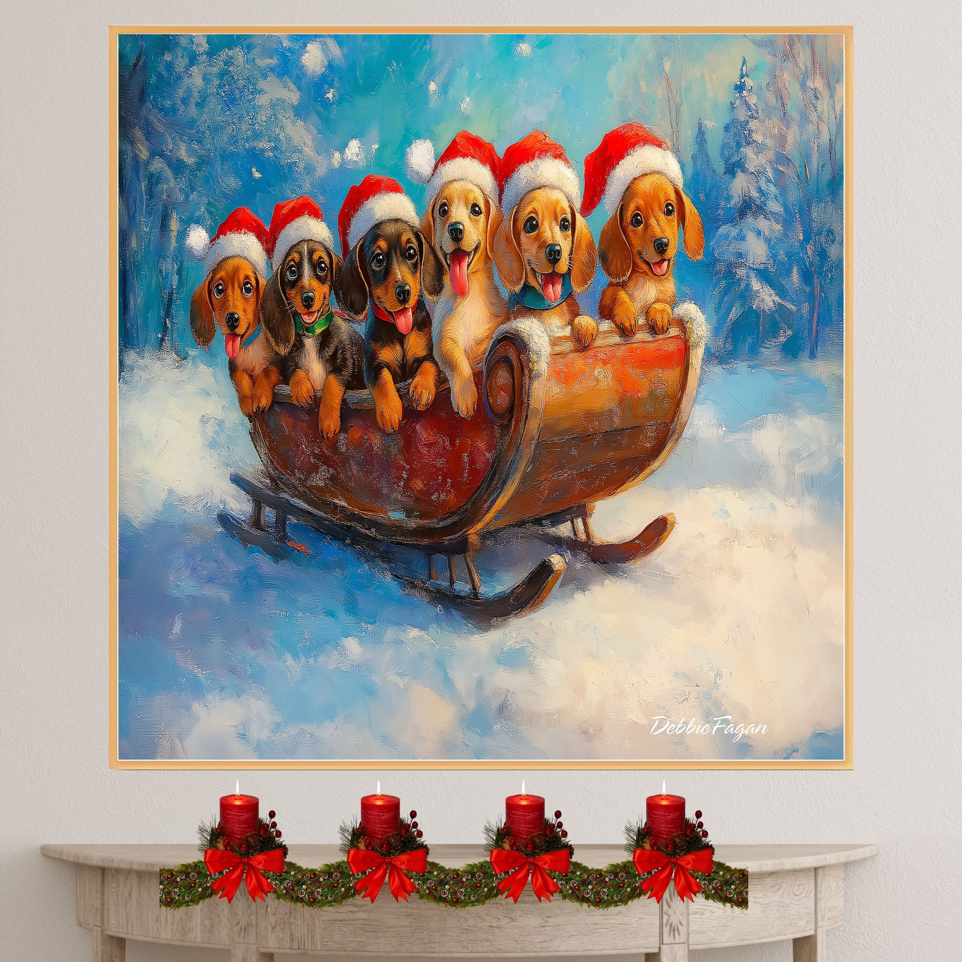 "Dachshund Sleigh Ride" - Adorable Doxie in Santa Hats Enjoying a Joyful Journey Through a Snowy Winter Forest on Ready to Hang 1.5" Thick Canvas Wrap, Floating Framed Canvas, Flat Rolled Canvas