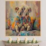 Vibrant Painting of Two Koalas in Bright Pajamas Sitting on a Colorful Bed Surrounded by Pillows with Cheerful Expressions and Playful Abstract Texture on Ready to Hang 1.5" Thick Canvas Wrap, Floating Framed Canvas, Flat Rolled Canvas