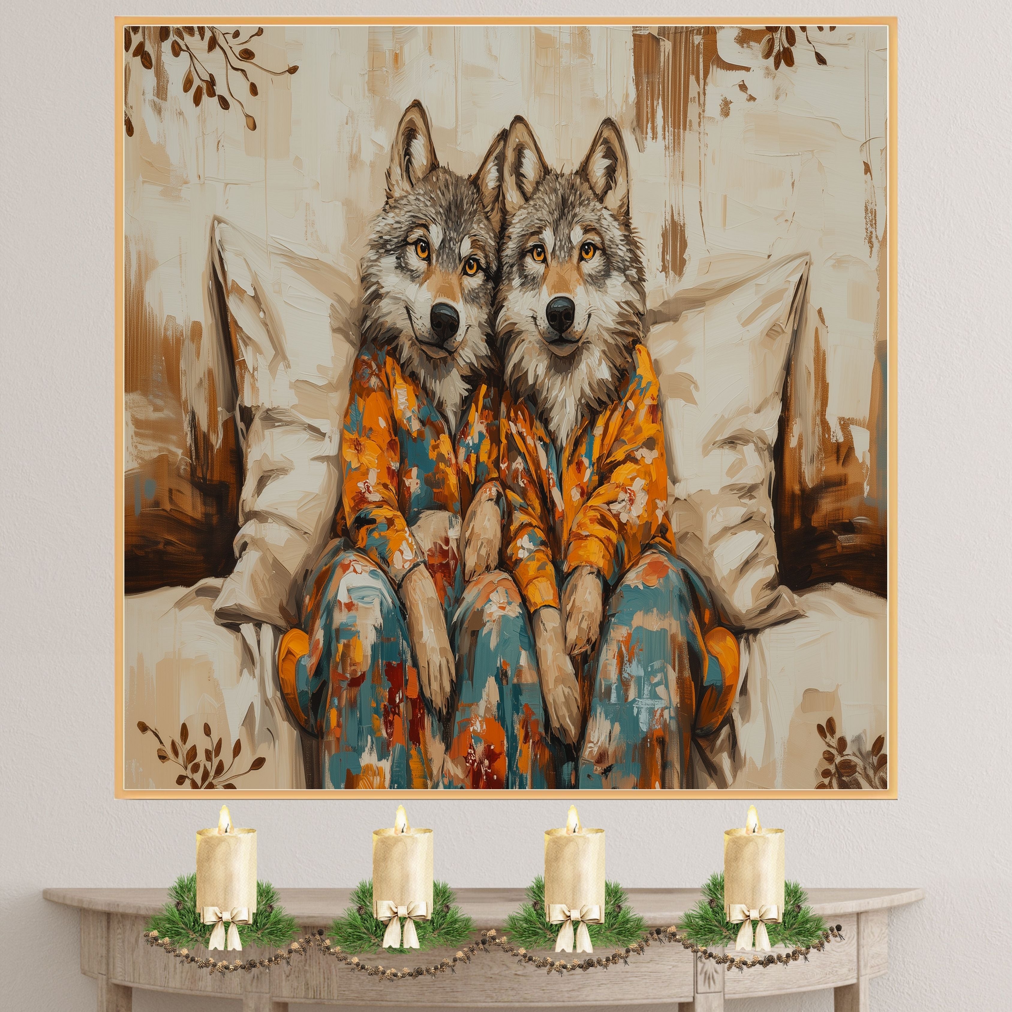 Majestic Painting of Two Wolves in Pajamas Sitting on a Cozy Bed with Warm Tones and Floral Accents in a Whimsical Woodland-Inspired Composition on Ready to Hang 1.5" Thick Canvas Wrap, Floating Framed Canvas, Flat Rolled Canvas