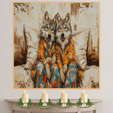 Majestic Painting of Two Wolves in Pajamas Sitting on a Cozy Bed with Warm Tones and Floral Accents in a Whimsical Woodland-Inspired Composition on Ready to Hang 1.5" Thick Canvas Wrap, Floating Framed Canvas, Flat Rolled Canvas