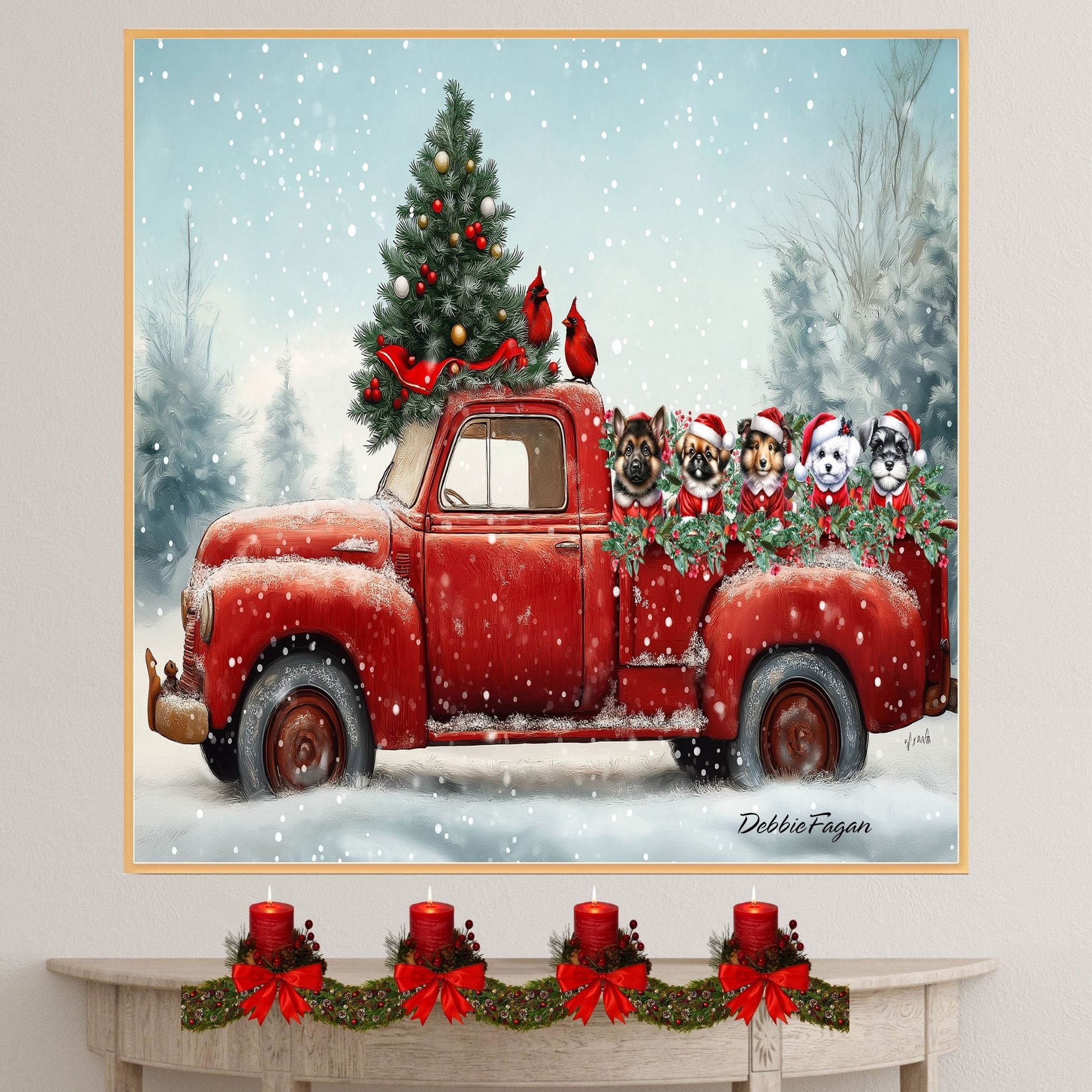 Christmas Canvas - "Santa Paws Parade" - Adorable Dogs Dressed in Festive Costumes on Vintage Red Pickup Truck on Ready to Hang 1.5" Thick Canvas Wrap, Floating Framed Canvas, Flat Rolled Canvas