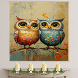 Vibrant Painting of Two Cute Owls with Big Eyes and Floral Patterns Sitting on a Branch in a Whimsical Textured Style on Ready to Hang 1.5" Thick Canvas Wrap, Floating Framed Canvas, Flat Rolled Canvas