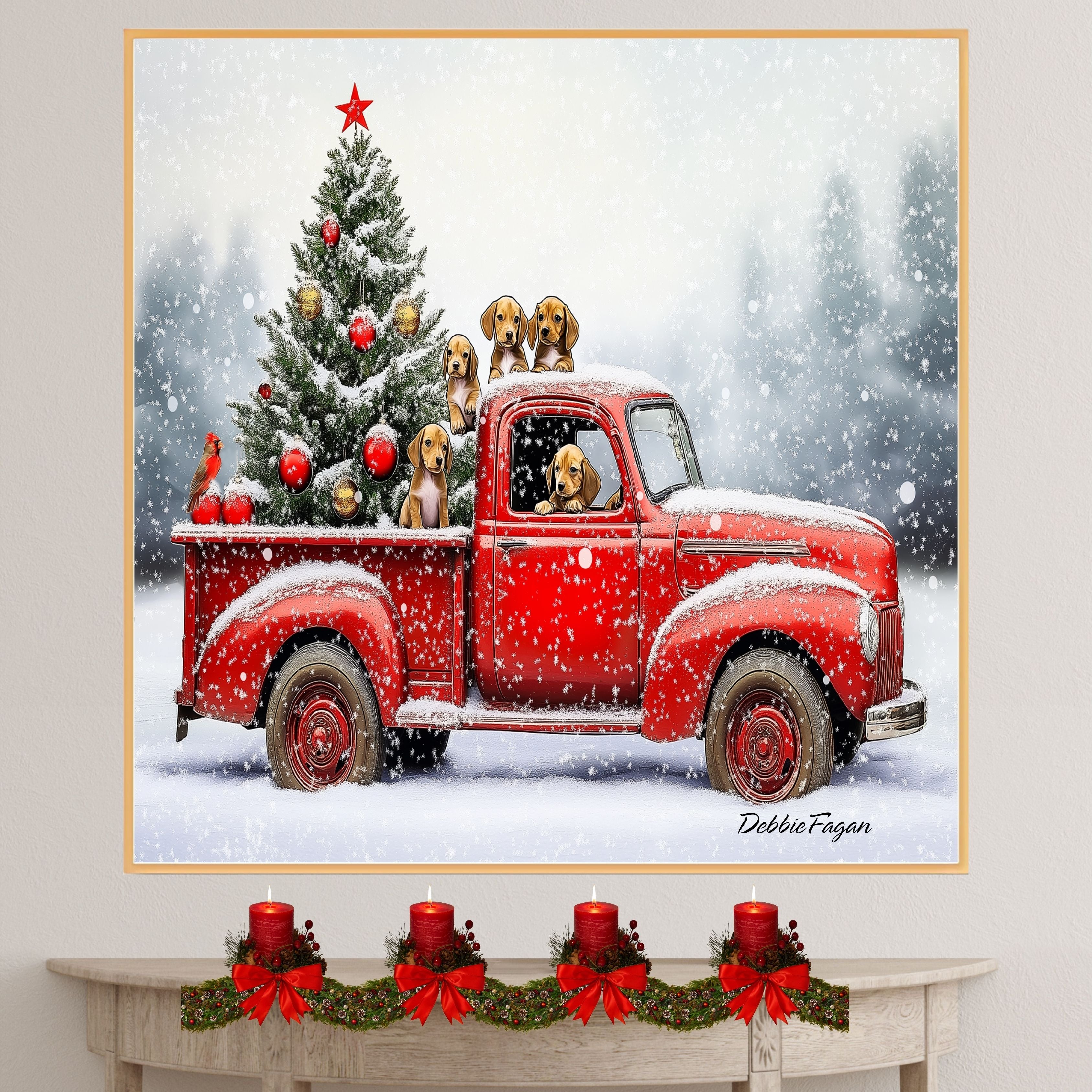 Dog Christmas Canvas - "Puppy Parade" - Vizsla Puppies in a Vintage Red Truck with Christmas Tree on Ready to Hang 1.5" Thick Canvas Wrap, Floating Framed Canvas, Flat Rolled Canvas