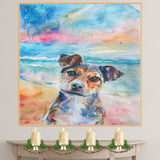 Watercolor Painting of a Multicolored Dog on the Beach – Closeup Coastal Pet Portrait Art Print on Ready to Hang 1.5" Thick Canvas Wrap, Floating Framed Canvas, Flat Rolled Canvas