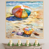 Watercolor Painting of a Colorful Beach Ball and Toy Bucket with Shells on Sandy Shoreline by the Ocean on Ready to Hang 1.5" Thick Canvas Wrap, Floating Framed Canvas, Flat Rolled Canvas