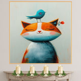 Whimsical Orange and White Cat with Blue Bird on Head Illustration for Kids Room or Nursery Art Print Cute Animal Artwork with Playful and Joyful Design on Ready to Hang 1.5" Thick Canvas Wrap, Floating Framed Canvas, Flat Rolled Canvas