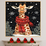 "Snowy Grace Giraffe" - Giraffe in Red Scarf Standing in Snow on Ready to Hang 1.5" Thick Canvas Wrap, Floating Framed Canvas, Flat Rolled Canvas