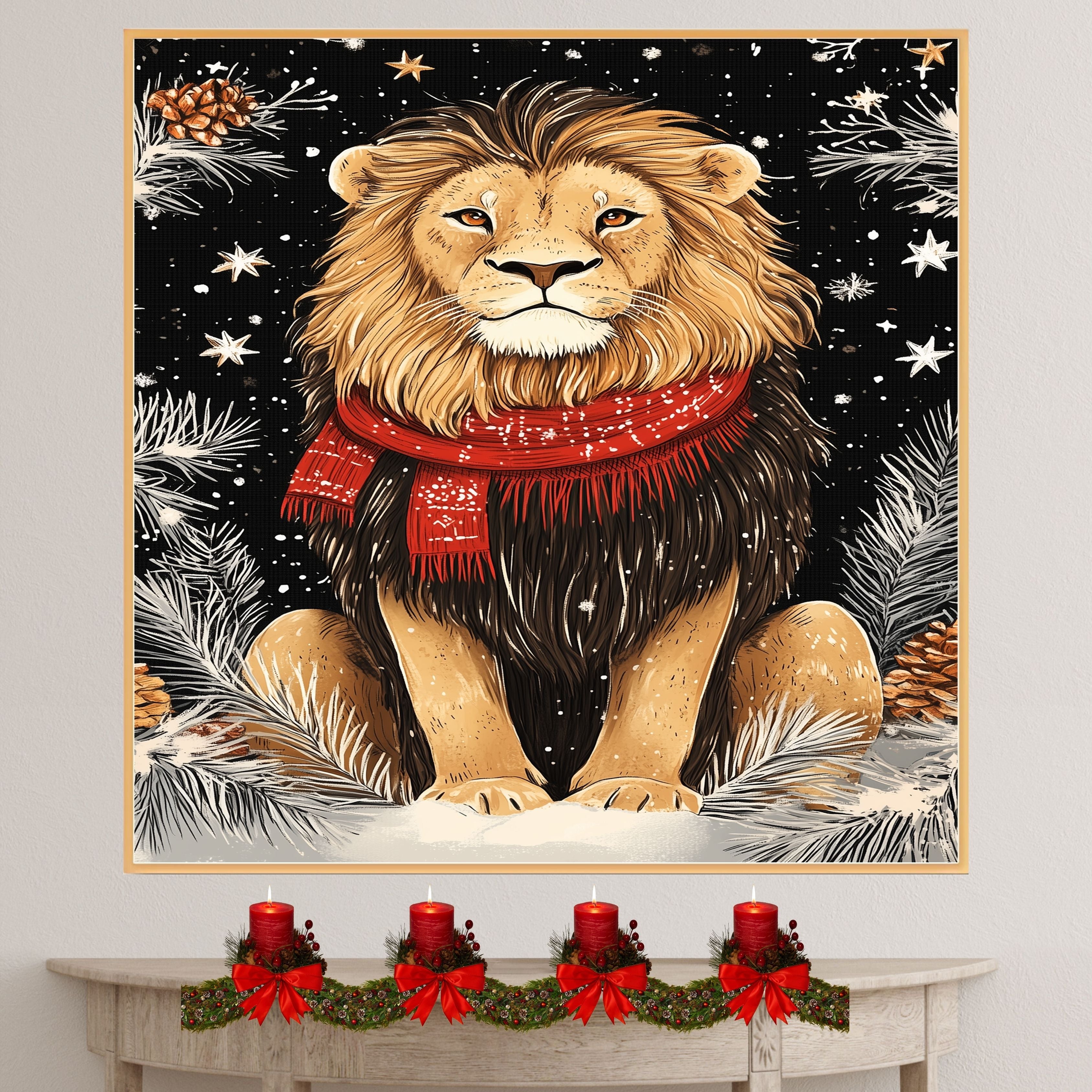 "Frosted Pride Lion" - Lion in Red Scarf Amidst Snowy Scenery on Ready to Hang 1.5" Thick Canvas Wrap, Floating Framed Canvas, Flat Rolled Canvas