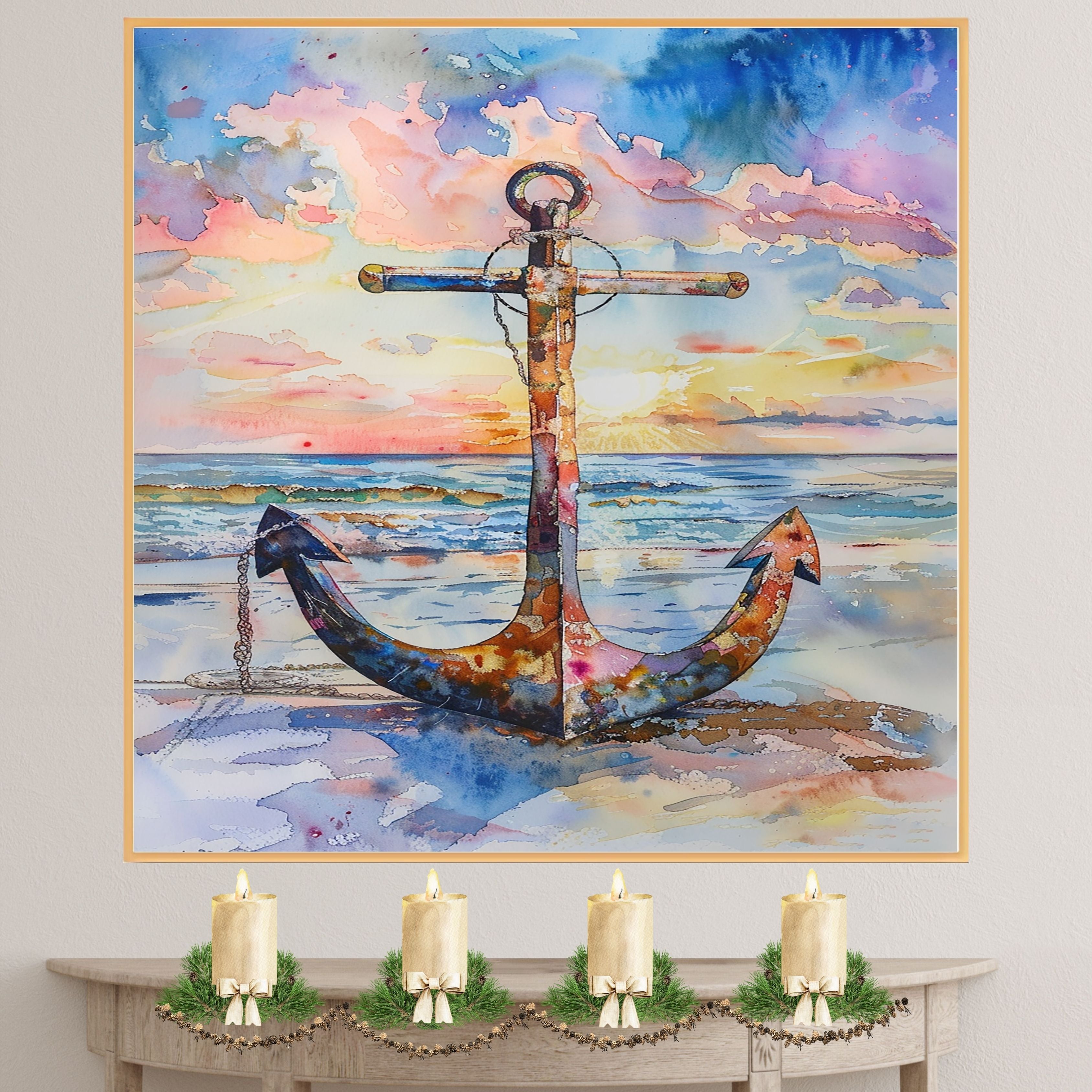 Watercolor Painting of a Multicolored Anchor on the Beach at Sunset with Ocean Waves and Vibrant Sky Background on Ready to Hang 1.5" Thick Canvas Wrap, Floating Framed Canvas, Flat Rolled Canvas
