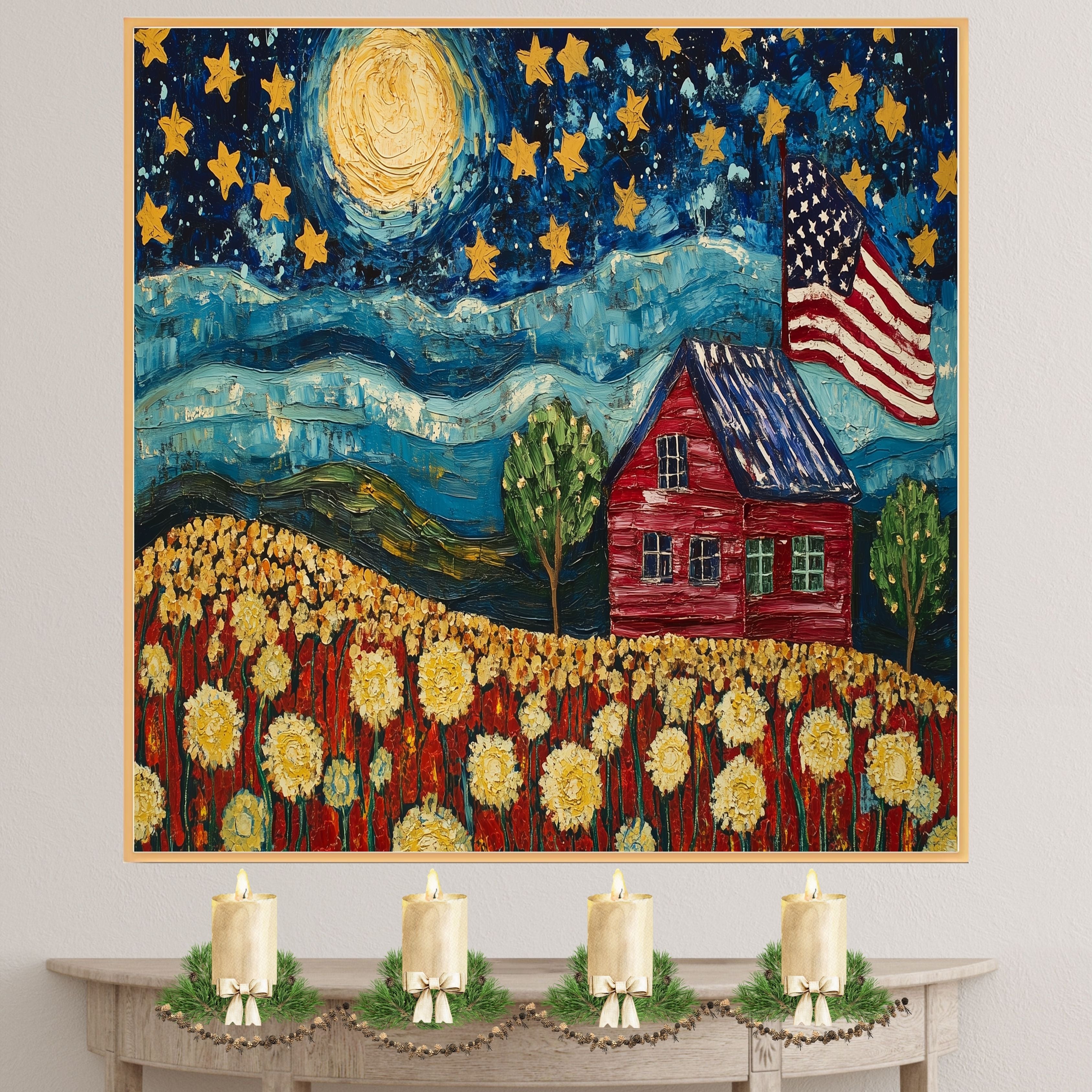 Patriotic Farmhouse Under Starry Sky with American Flag and Flower Field, Folk Art Style 4th of July Scene in Bold Colors and Textured Brushstrokes on Ready to Hang 1.5" Thick Canvas Wrap, Floating Framed Canvas, Flat Rolled Canvas