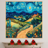 Starry Night-Inspired Folk Art Landscape with Rolling Hills, Bright Moon, and a Peaceful Countryside Village on Ready to Hang 1.5" Thick Canvas Wrap, Floating Framed Canvas, Flat Rolled Canvas