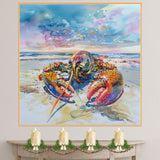 Watercolor Painting of a Vibrant Lobster on the Beach with Ocean Waves and Dramatic Sky in Coastal Marine Style on Ready to Hang 1.5" Thick Canvas Wrap, Floating Framed Canvas, Flat Rolled Canvas