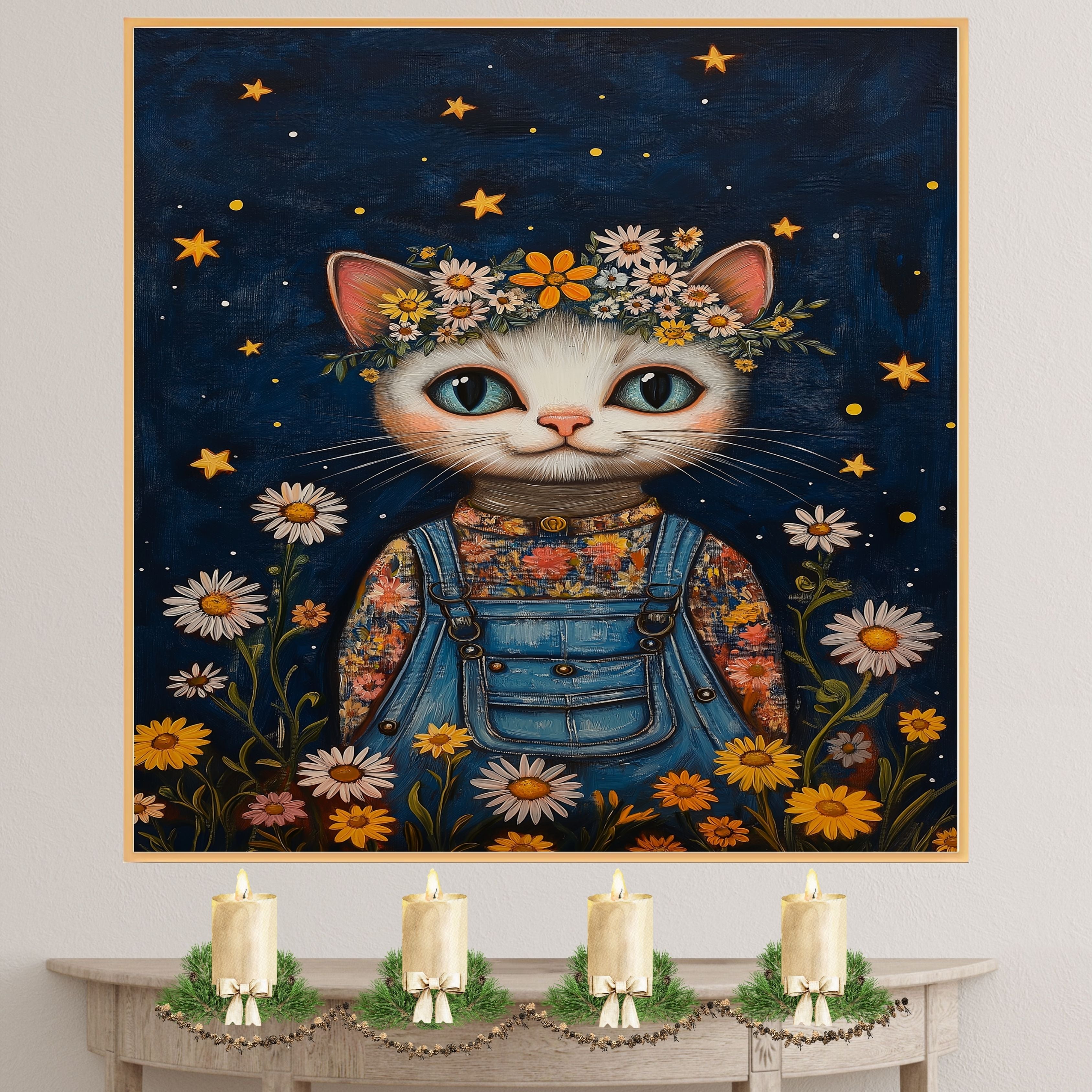 Cute Cat in Overalls with Flower Crown Whimsical Hand Painted Floral Art Night Sky Wall Decor for Nursery Kids Room Bedroom or Gift for Cat Lovers on Ready to Hang 1.5" Thick Canvas Wrap, Floating Framed Canvas, Flat Rolled Canvas