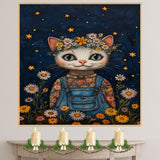 Cute Cat in Overalls with Flower Crown Whimsical Hand Painted Floral Art Night Sky Wall Decor for Nursery Kids Room Bedroom or Gift for Cat Lovers on Ready to Hang 1.5" Thick Canvas Wrap, Floating Framed Canvas, Flat Rolled Canvas