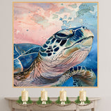 Close-Up Watercolor Sea Turtle Portrait with Blue and Pink Abstract Ocean Sky Background in Coastal Marine Art Print on Ready to Hang 1.5" Thick Canvas Wrap, Floating Framed Canvas, Flat Rolled Canvas